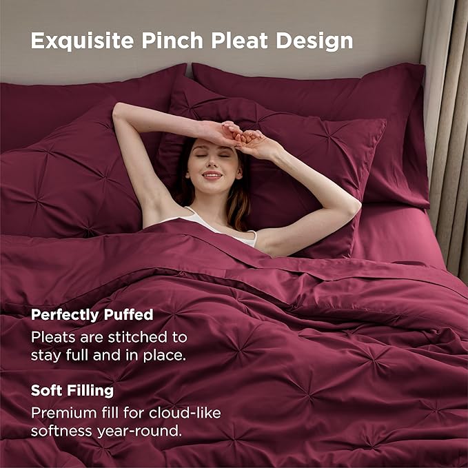 Bedsure King Size Comforter Set Burgundy - Bed in a Bag Bedding Set 7 Pieces, GentleSoft™ Pintuck Bed Set Gift for Family, Pinch Pleat Burgundy Comforter with Sheets, Pillowcases & Shams