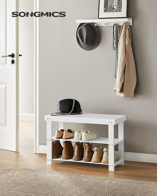 SONGMICS Shoe Rack Bench, 3-Tier Bamboo Shoe Storage Organizer, Entryway Bench, Holds Up to 286 lb, 11.3 x 27.6 x 17.8 Inches, for Entryway Bathroom Bedroom, Cloud White ULBS004W01