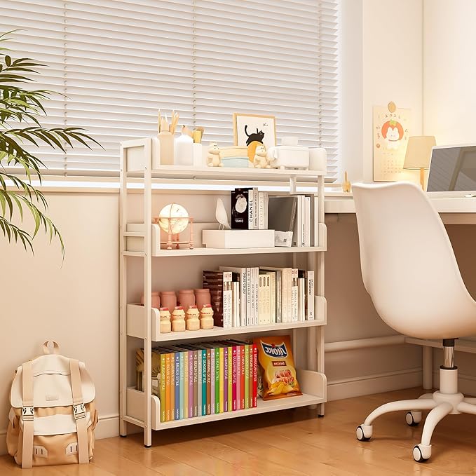 Wide Open Shelf Bookcase - Modern 4-Tier Free Standing Display Bookshelf with Three-Side Panels and Metal Frame for Home and Office, Storage Shelving, Warm White