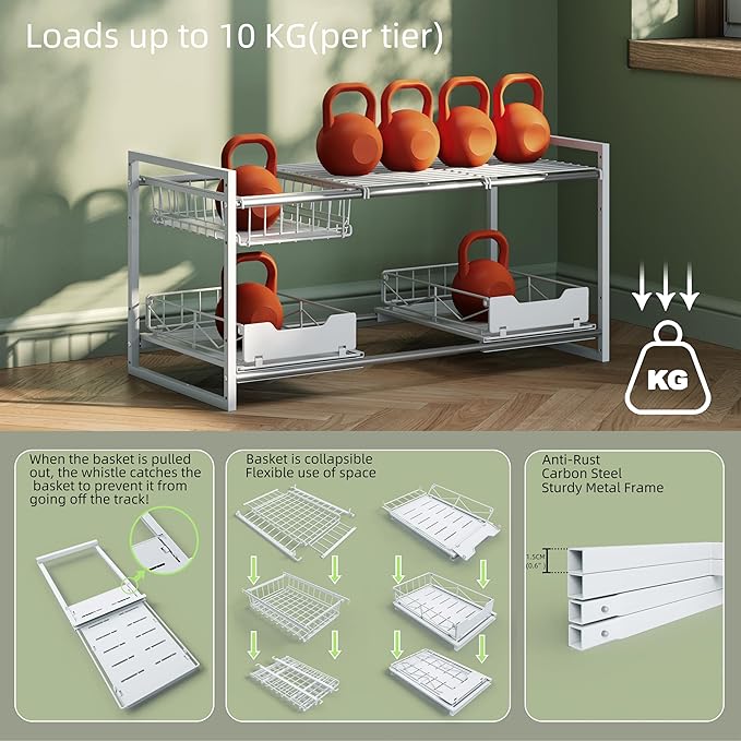NETEL Under Sink Organizers and Storage,Kitchen Cabinet Organizer,2 Tier Under Sink Expandable Shelves，Bathroom Cabinet Organizer with Pull Out Drawers,(30.9-31.64)" W x 14.69" D x 15.83" H,White