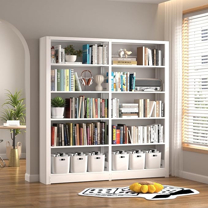 5 Tier Metal Bookshelf, 69" Tall Bookcase with Adjustable Storage Shelves, Heavy Duty Metal Book Shelf Organizer for Living Room, Office, Library, Including Book Stoppers (White, Set of 2)