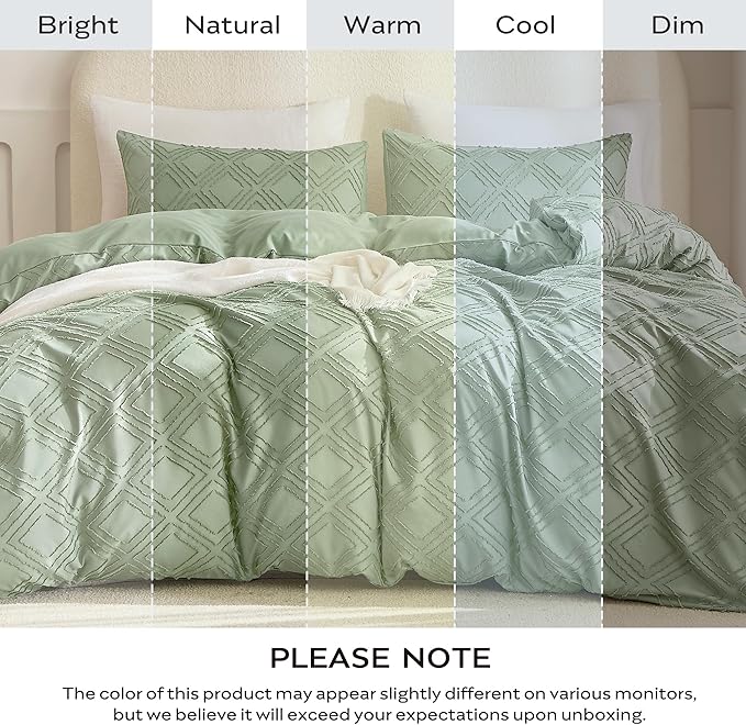 JELLYMONI Duvet Cover Twin Size Light Green - 3PCS Boho Duvet Cover Set Plaid Polyester Tufted Bohemian Jacquard Knit Textured Comforter Cover 68×90in Rhombic Geometric Pattern Corner Ties & Zipper