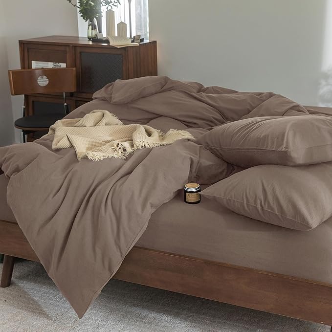 FOSSA Duvet Cover Set 100% Washed Cotton Linen Feel Super Soft Breathable Cozy 3 Pieces Bedding Sets Solid Pale Brown King