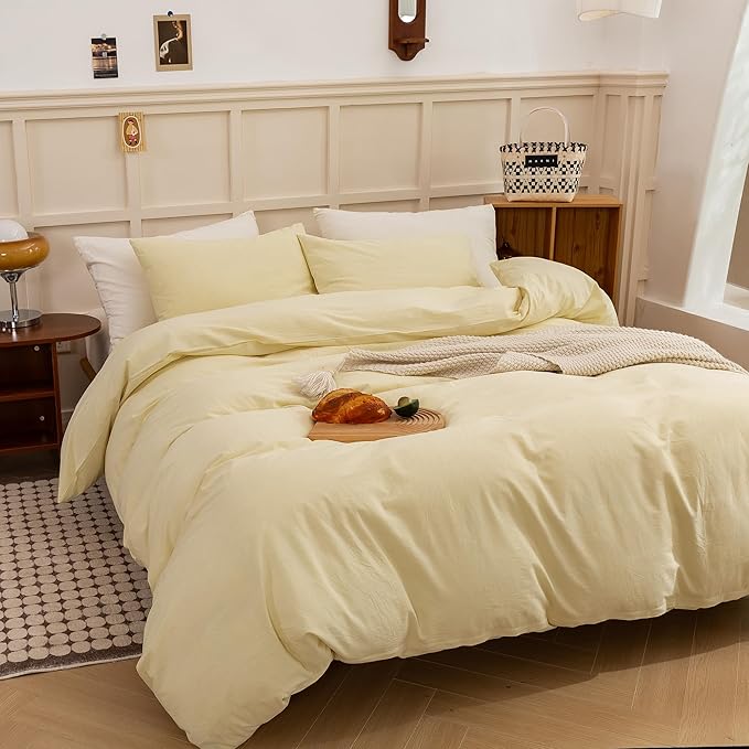 ECOCOTT Duvet Cover Set, 100% Washed Cotton Linen-Like Soft & Breathable, Durable Comfy Bedding Set for All Seasons (Light Yellow, Queen)