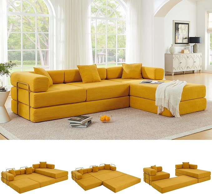 108" Oversized Convertible Sleeper Sofa Bed, Corduroy L Shape Sectional Couch, Folding Sofa Bed with Fixed-Shape Frame, Modern Cloud Floor Mattress Couch, Modular Sofa for Living Room, Yellow