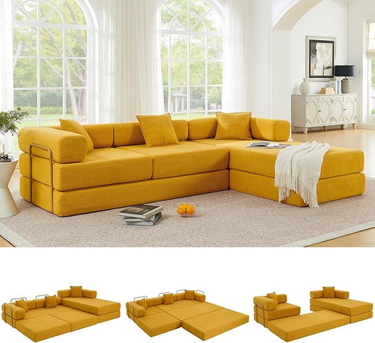 108" Oversized Convertible Sleeper Sofa Bed, Corduroy L Shape Sectional Couch, Folding Sofa Bed with Fixed-Shape Frame, Modern Cloud Floor Mattress Couch, Modular Sofa for Living Room, Yellow