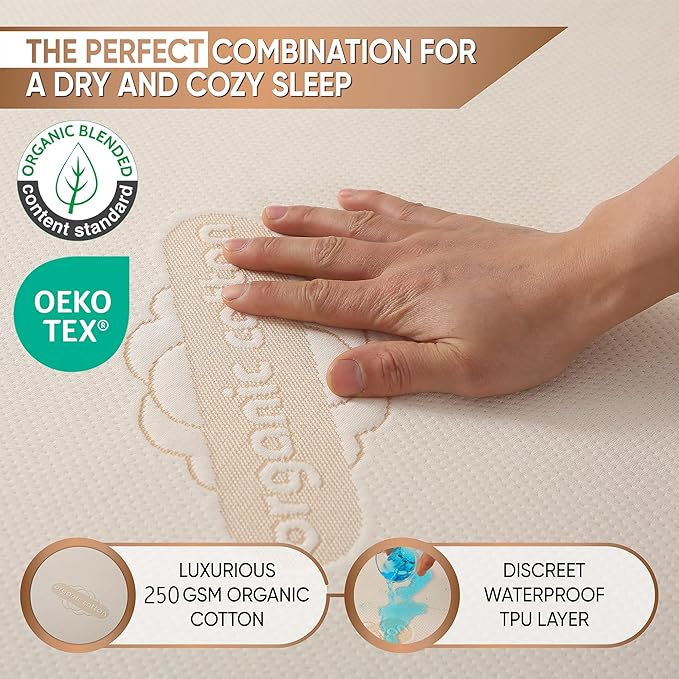 Waterproof Organic Mattress Protector King – Soft Organic Cotton Top – Noiseless & Breathable 250 GSM Pad Cover – Deep Pocket Fitted Design