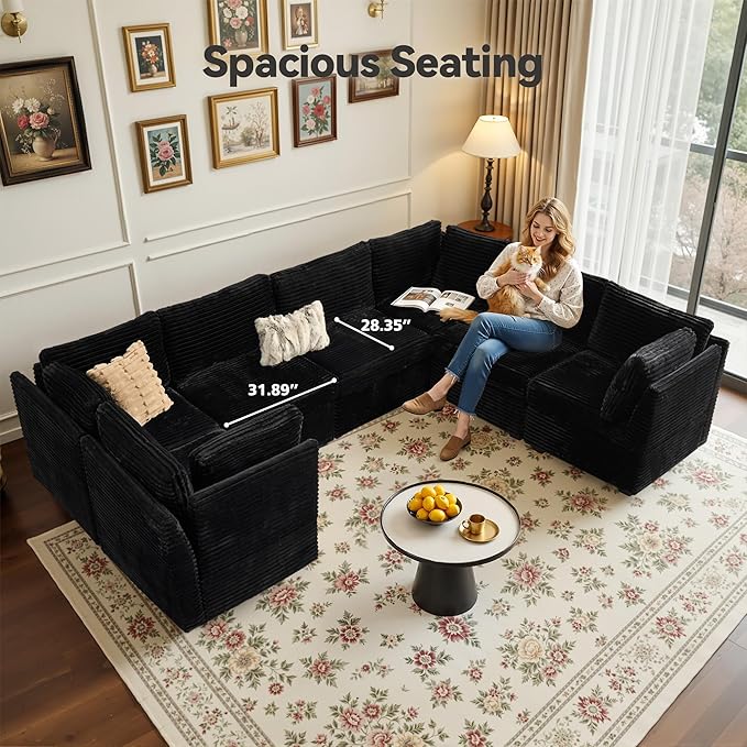 Large 7 Seat Modular Sectional Sofa with Ottoman Seat Corduroy Sleeper Sectional Sofa Bed Oversized Convertible Modular Couch for Living Room