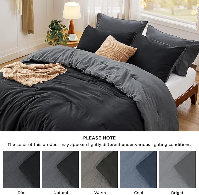 Bedsure Queen Size Comforter Set, Reversible Black Soft Prewashed Bedding for All Seasons, 3 Pieces Warm Down Alternative Bed Set, 1 Lightweight Comforter (90"x90") and 2 Pillowcases (20"x26")