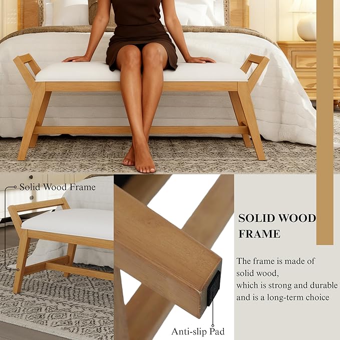 51" End of Bed Bench, Entryway Bench with Solid Wood Frame Fabric Upholstered Ottoman Bench for Entry/Bedroom/Hallway/Living Room,Chenille White