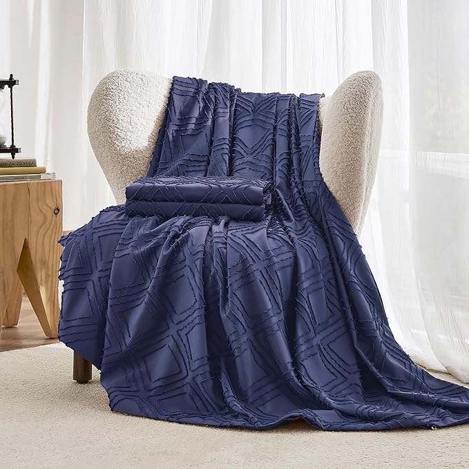 JELLYMONI Duvet Cover Queen Size Navy Blue - 3PCS Boho Duvet Cover Set Plaid Polyester Tufted Bohemian Jacquard Knit Textured Comforter Cover 90×90in Rhombic Geometric Pattern Zipper Corner Tie
