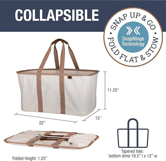 CleverMade Collapsible Laundry Tote - LUXE Cream Herringbone 2Pack 50L -Foldable Storage Organization Container Clothes Laundry Room Storage Solution
