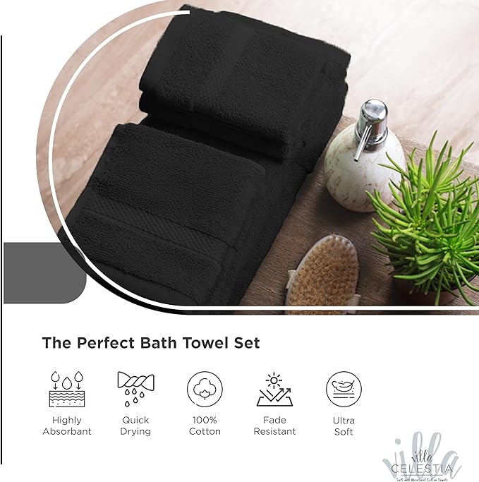 100% Cotton Bath Towel Set of 18-4 Bath Towels, 6 Hand Towels, 8 Wash Cloths, Sustainable, Soft, Highly Absorbent, Combed Cotton 18 Piece Set for Hotels, Spa, Bathroom, Dorm, Black