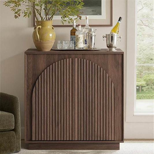 WIN2WIN Fluted Sideboard Buffet Cabinet with Storage, 31.5" Mid Century Modern Accent Cabinet with Double-Layered Arch Door, Small Wood Console Credenza for Dining Living Room Entryway Hallway, Walnut