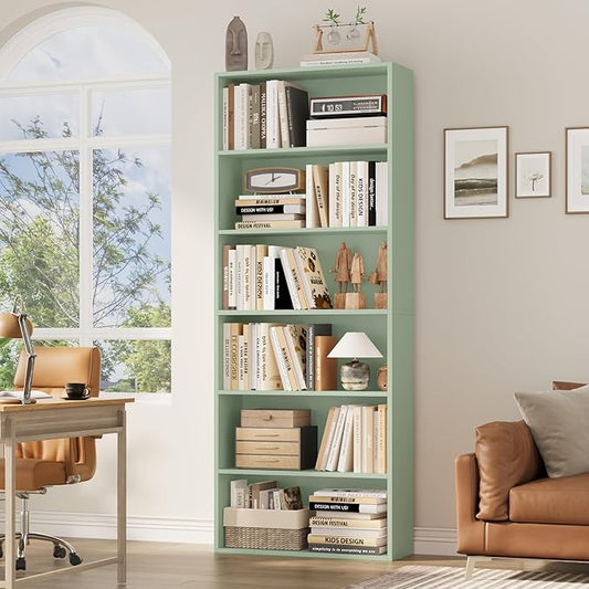 FOTOSOK 6-Tier Open Bookcase and Bookshelf, Freestanding Display Storage Shelves Tall Bookcase for Bedroom, Living Room and Office, Green