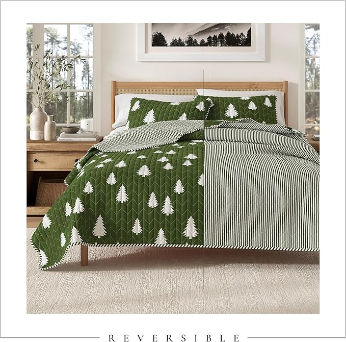 Great Bay Home Full/Queen Reversible Rustic Lodge Olive Bedspread Quilt with Shams - All Season Cabin Coverlet Bedding Set (Includes 1 Quilt, 2 Pillow Shams)