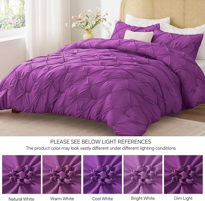BEDELITE Purple King Size Comforter Set - 3 Pieces Boho Pintuck Bedding Comforter Sets, Lightweight Soft & Warm King Bedding Set with 2 Pillowcases for All Season