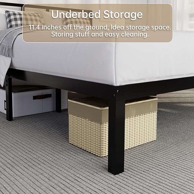 14 Inch Bamboo Bed Frame – Solid Wood Platform Bed Frame, Strong and Stable, with Non-Slip Slats for Support, No Box Spring Needed, Easy to Assemble, Noise-Free (Black, Full with Headboard)