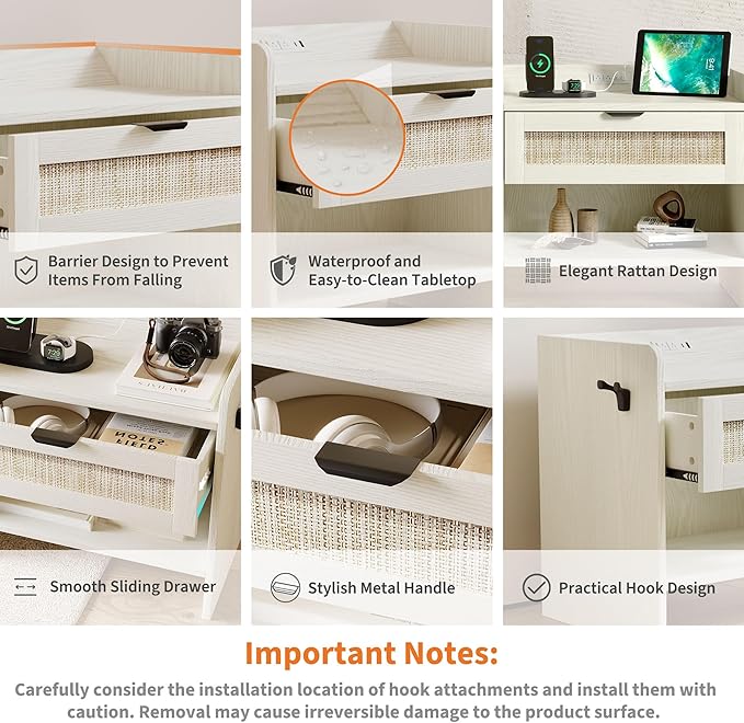 Rattan Nightstand Set of 2, Bedside Table with Type-C Charging Station - 1 Drawer & Open Storage Space, Boho End Table Side Table for Bedroom, Large Rattan Night Stand with Charging Port