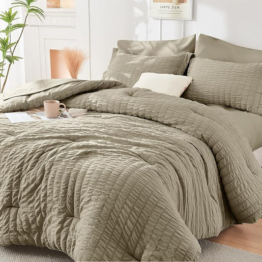 HYMOKEGE Linen Twin Comforter Set Seersucker 5 Pieces, All Season Luxury Bed in a Bag for Bedroom, Bedding Set with Comforter, Sheets, Pillowcase & Sham