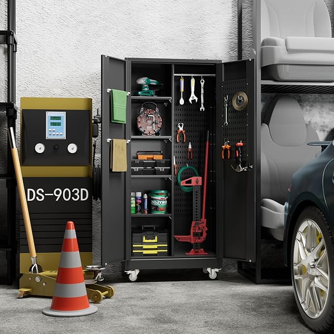 SUXXAN Broom Closet Storage Cabinet with Wheels 71.4"x 31.5"x15.7", Metal Cleaning Cabinets with Hooks and Hanging Rods, Lockable Cabinet with Pegboard, Adjustable Shelf,for Garage, Laundry Room