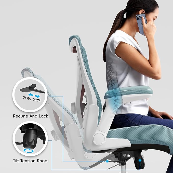 Office Home Ergonomic Desk Chair-Computer X-Shaped Chair Mesh PU Leather with Adjustable Lumbar Support-Executive Chair High Back Flip-Up Arms for Long Hours (Sky Blue-No Headrest)