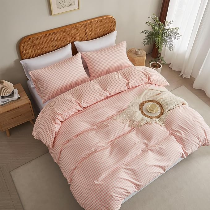 Plaid Duvet Cover Set Twin XL Pink White Checkered Comforter Cover Reversible Microfiber Washed Cotton Bedding Zipper Closure Pillowcases Lightweight Soft Bedding for Boys Girls Teens Dorm Essentials