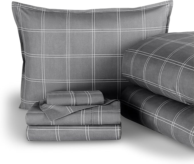 Bare Home Bedding Set 4 Piece Comforter & Sheet Set - Twin XL - Track Stitch - Goose Down Alternative - Ultra-Soft 1800 Premium Bed Set (Twin XL, Modern Plaid - Grey/White)