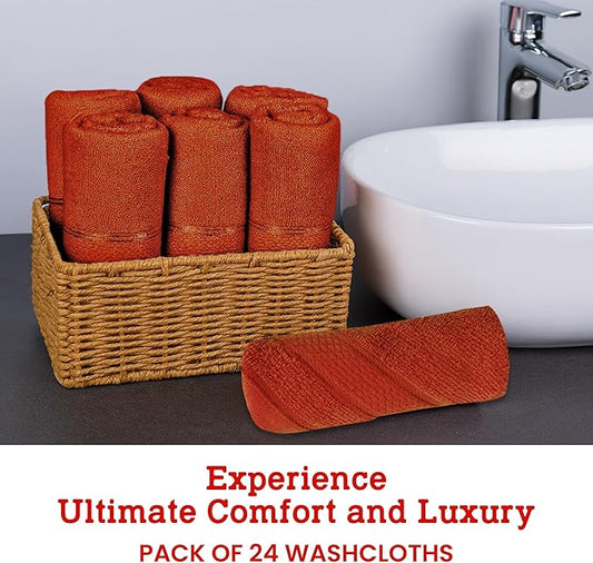 Casa Lino Face Towels & Body Wash Cloths for Showering - 100% Cotton Wash Cloths for Bathroom - Highly Absorbent & Quick Drying Washcloth Set - Cotton Washcloths 24 Pack (12" x 12") - (Coral Orange)