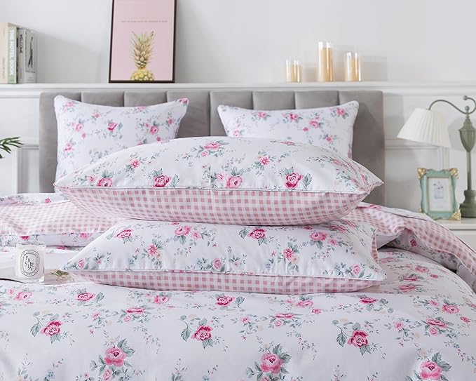 FADFAY Rose Duvet Cover Set Twin XL College Dorm Bedding Vintage Pink Floral Girls Bedding 100% Cotton Soft Breathable Comforter Cover with Hidden Zipper Closure 3Pcs, Twin XL Size for Dorm Room