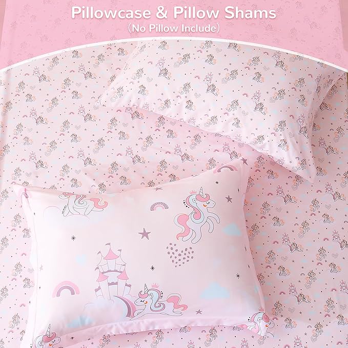 Viviland Kids Twin Bedding Sets for Girls, Soft Twin Comforter Set with Sheets, 5 Pieces Microfiber Bed in a Bag, Pink Unicorn
