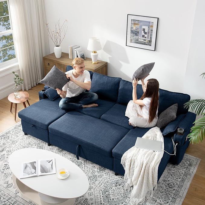 DURASPACE Sofa Bed Sleeper Sofa Pull Out Couch with Double Storage Chaise, Sectional for Living Room, U Shaped Couch with Removable Covers, Blue