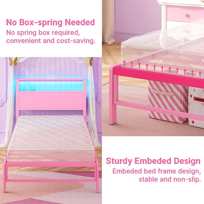 Weehom Twin Bed Frames with Headboard Shelf Storage, Wood Twin Bed Frame with Charging Station and LED Lights, No Box Spring Needed Twin Size Metal Bed Frame for Kids Students, Pink
