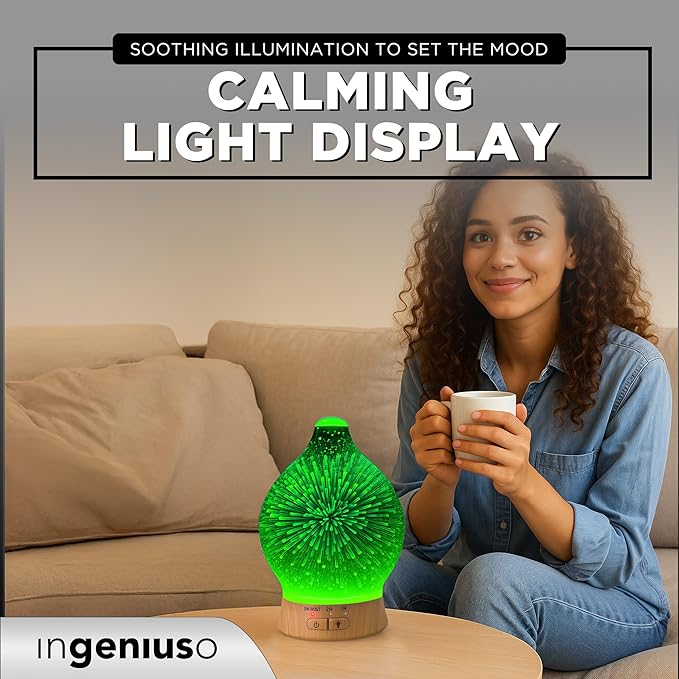 Aromatherapy Essential Oil Diffuser for Therapeutic Oils, w/ 3D Glass Vase | Cool Mist Difusor for Bedroom | LED Color Light Display & Auto Shut-Off | Humidifier, Fragrance Machine for Home & Dorm Use