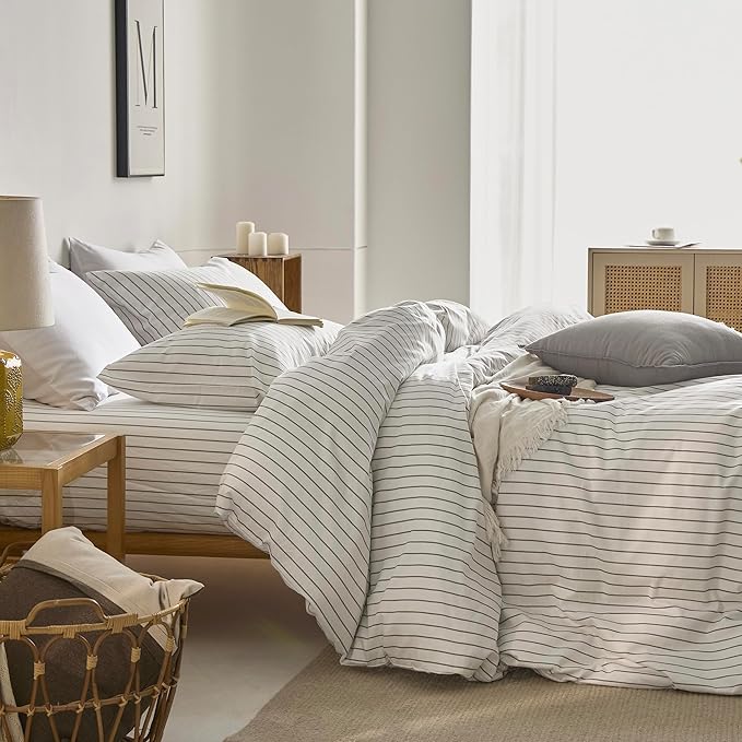 JELLYMONI Striped Duvet Cover Set - Full Size 100% Cotton - 3PCS White & Grey Vertical Stripes Bedding - Hidden Zipper Closure & 8 Corner Ties - Breathable Comforter Cover for Bedroom