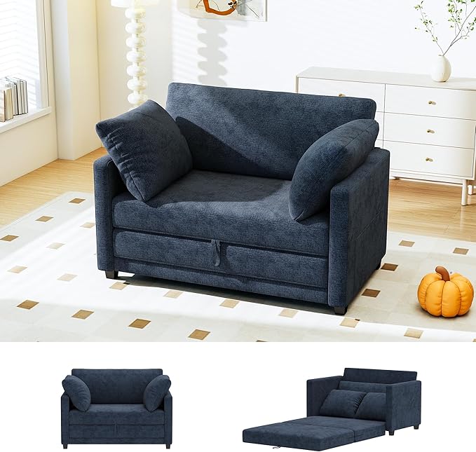51" Convertible Sofa Bed, 2 in1 Folding Sofa Bed, Loveseat Sleeper Sofa for Small Spaces, Fold Out Floor Couch with 2 Pillows for Apartment, Living Room & Guest Room, Deep Blue Chenille Fabric
