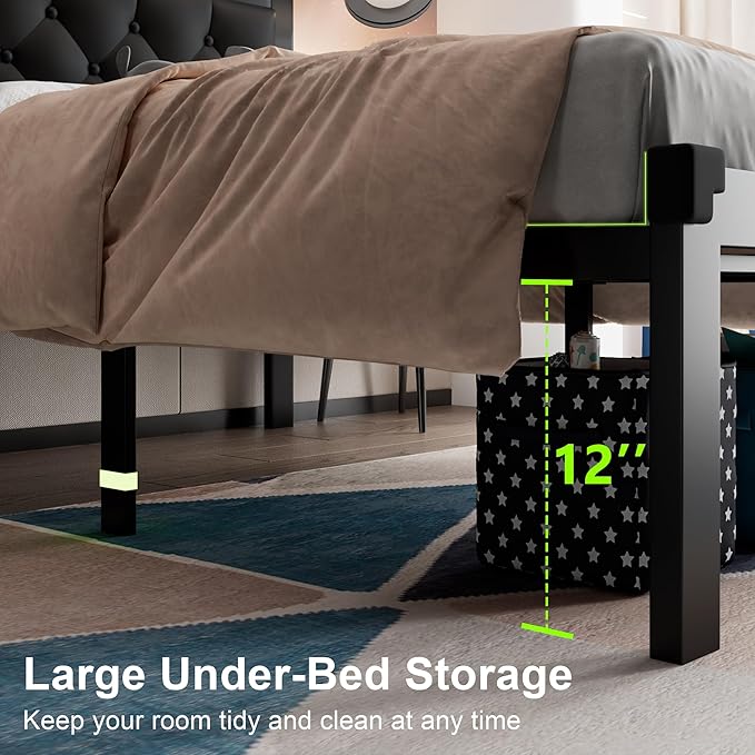 Feonase Twin Size Metal Bed Frame with Faux Leather Button Tufted Headboard, Heavy-Duty Platform Bed Frame with 12" Storage, Steel Slats Support, No Box Spring Needed, Noise Free, Matte Black