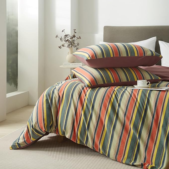 VM VOUGEMARKET Multicolor Striped Duvet Cover Queen Size Washed Cotton Stripes Bedding Duvet Cover Set - Cozy Boho Stylish Bedding Set for Men & Women