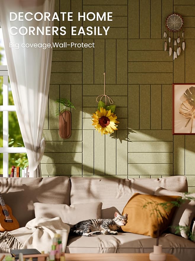 Bumusty Large Cork Board Alternative-36 x24 Felt Bulletin Board Tiles, with 30 Pushpins, 40 Adhesive Tabs, 6-Pack Slat Wall Paneling, Cork Boards for Office Push Pin Board Felt Board-Olive Green