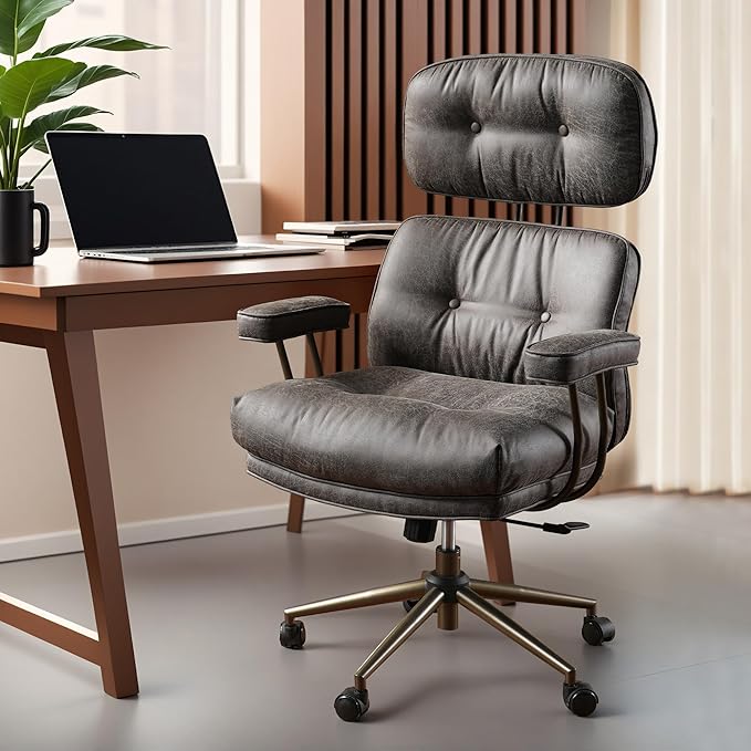 ovios Ergonomic Office Chair, High Back Faux Leather Executive Chairs with Thick Cushion, Comfy High-Century Modern Swivel Rolling Computer Armchair (Dark Grey, Suede Leather)