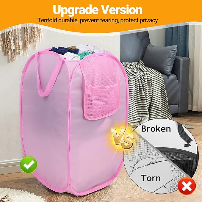 Foldable Laundry Basket, Pop Up Laundry Hamper with Handles, Collapsible Basket with Handy Pocket, Privacy Protection, Easy Carry Reinforced Clothes Hamper for Dorm, Bedrooms, Bathrooms, Travel Pink