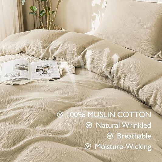 EMME Muslin Cotton Duvet Cover Set Twin Size Light Tan Linen Like Soft Breathable Lightweight Summer Comforter Cover Set with Zipper Closure (Light Tan, Twin, 68"x90")