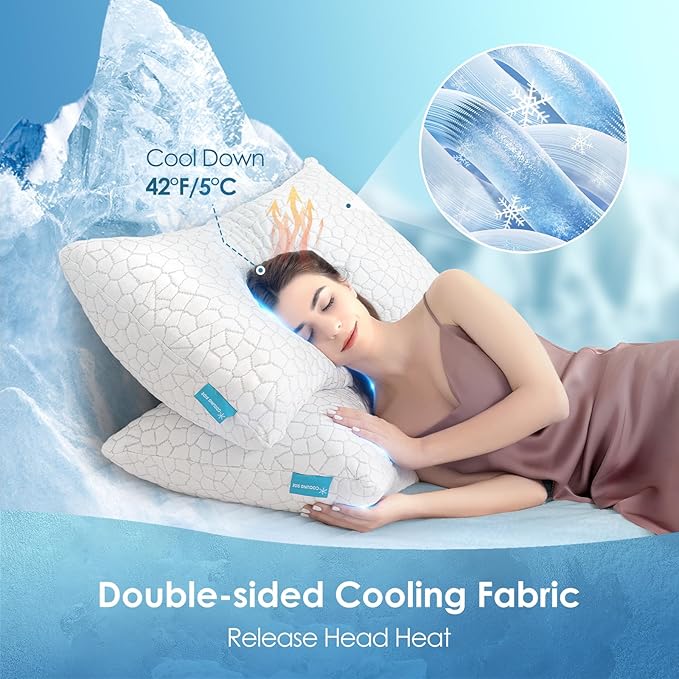 Cooling Pillows King Size Set of 2, Firm Shredded Memory Foam Pillows for Side Back Stomach Sleepers, Two-Sided Cool Neck Pillow for Neck Shoulder Pain, Luxury Gel Cold Bed Pillow for Hot Sleepers
