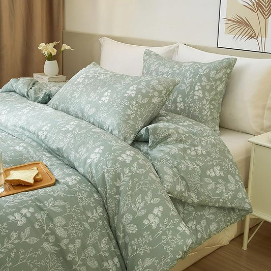 HighBuy Girls Floral Duvet Cover Twin XL Size Soft Cotton Green Botanical Comforter Cover Chic Garden Flowers Bedding Set Twin XL 3 Piece Aesthetic Boho Floral Bed Cover with Zipper Closure