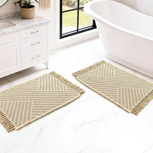 H.VERSAILTEX Waffle Bath Mat Super Absorbent Boho Bath Mat Non Slip Bath Rugs for Bathroom Floor Machine Washable Dry Fast Bathroom Rugs with Tassels (17 x 24 Plus 17 x 24 Inches, Sand)