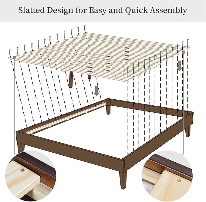 Yaheetech Queen Bed Frame Natural Solid Wood Platform Bed with Wooden Slats Support, 7.3-inch Underbed Space for Storage, Noise-Free Design, Easy Assembly, Dark Walnut Finish