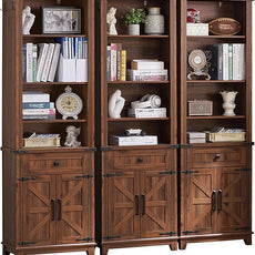 72in Tall Bookshelf 7 Tier Bookcase with Drawer and Barn Doors and Adjustable Shelves, Brown Farmhouse Book Shelf with Storage Cabinet, Wood Freestanding Display Bookshelves for Kitchen (3PCS)