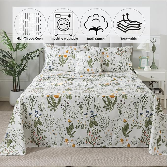 FADFAY Twin XL Sheets Set, 100% Percale Cotton Floral Dorm Bedding, Extra Long Twin Botanical Print Sheets & Pillowcases Yellow Flowers & Leaves, Breathable & Soft Wildflower Bedding for College