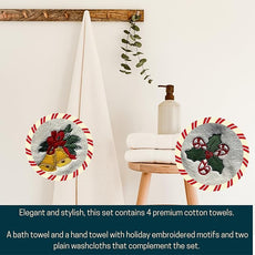 Luzia Christmas Towel Set | Ivory Color | Includes 1 Bath and 1 Hand Towel with Embroidered Designs and 2 Plain Washcloths | Presented in A Beautiful Craft Box