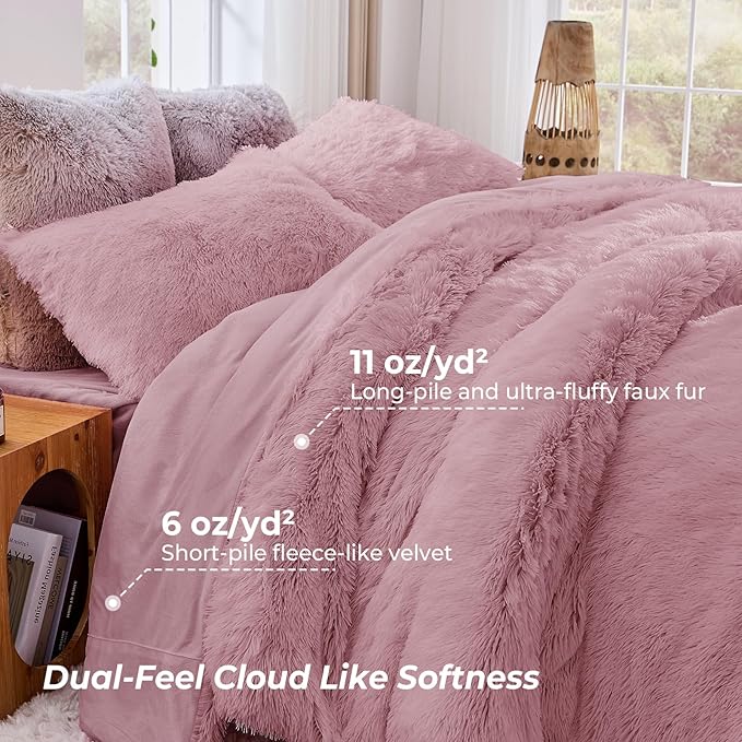 Sasttie 2-Piece Fluffy Duvet Cover Twin/Twin XL, Ultra Soft Faux Fur and Velvet Dusty Rose Comforter Cover, Fuzzy Bedding Sets for Winter Bed, Includes 1 Duvet Cover and 1 Pillowcase, No Comforter